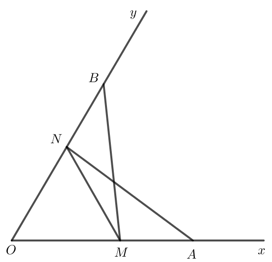 Cho góc xOy. Trên tia Ox lấy hai điểm A, M; trên tia Oy lấy hai điểm B, N