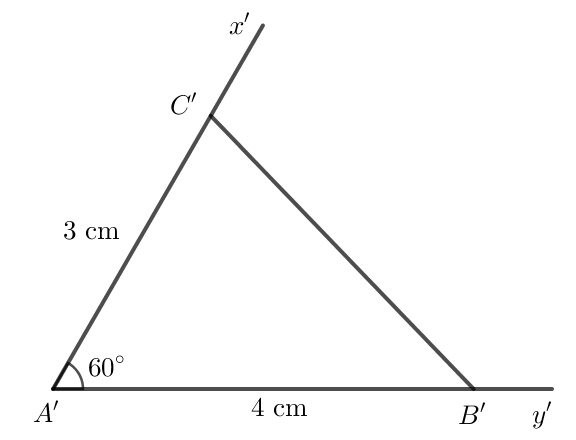 Vẽ thêm tam giác A'B'C' với góc B'A'C'=60 độ, A'B'=4cm và A'C'=3cm (H.4.28)