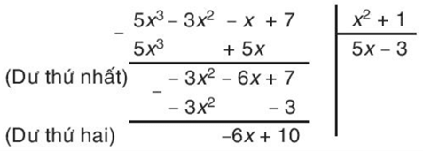 Bốn bước đầu tiên khi chia đa thức D = 5x^3 - 3x^2 - x + 7 cho đa thứ E = x^2 + 1