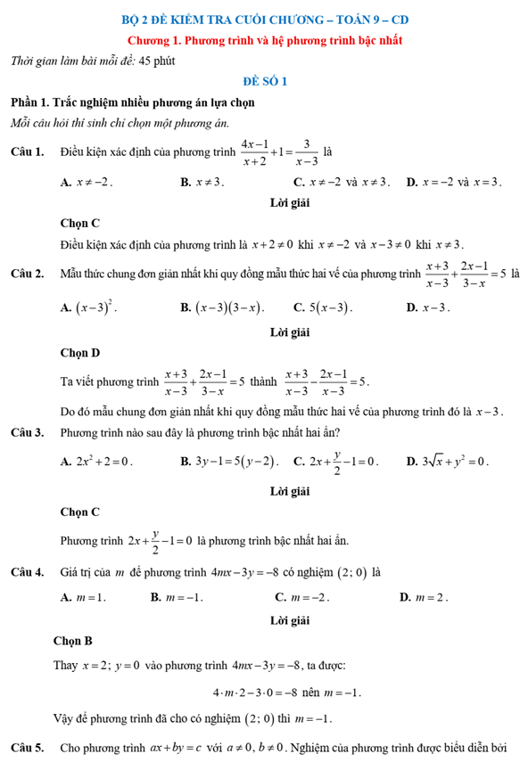 Đề kiểm tra Toán 9 Cánh diều Chương 1 (có lời giải)