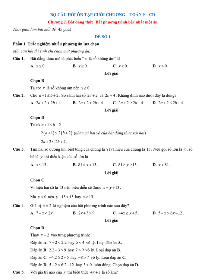 Đề kiểm tra Toán 9 Cánh diều Chương 2 (có lời giải)