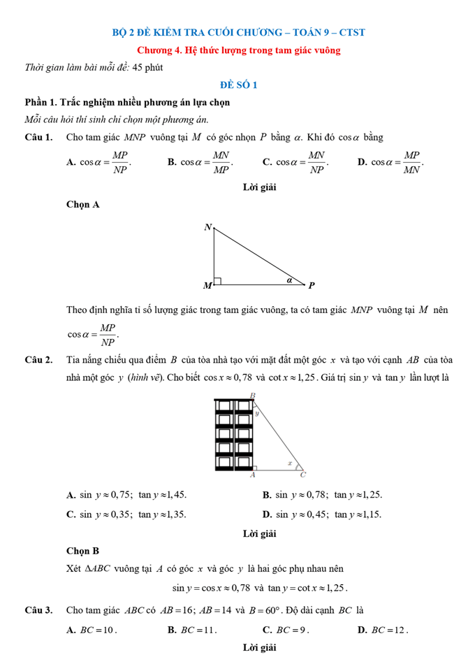 Đề kiểm tra Toán 9 Chân trời sáng tạo Chương 4 (có lời giải)