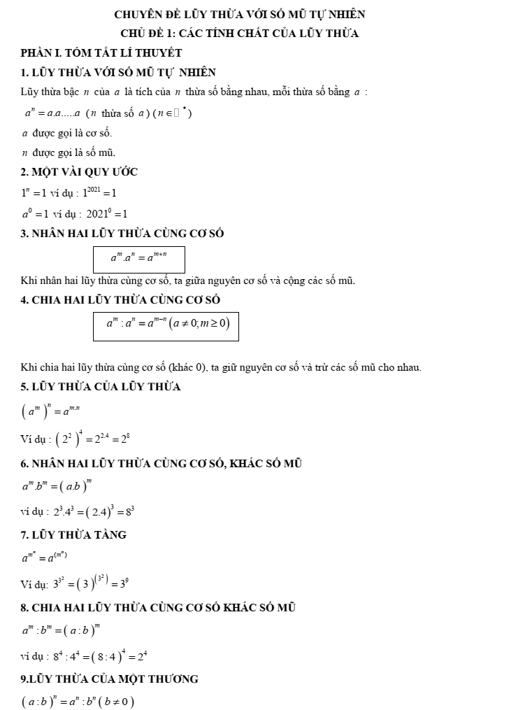 Chuyên đề bồi dưỡng HSG Toán 6 Lũy thừa với số mũ tự nhiên (có lời giải)