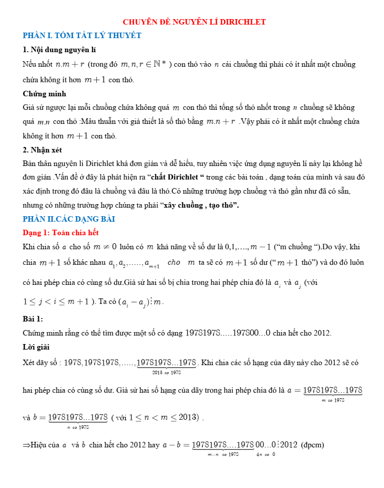 Chuyên đề bồi dưỡng HSG Toán 6 Nguyên lí Dirichlet (có lời giải)