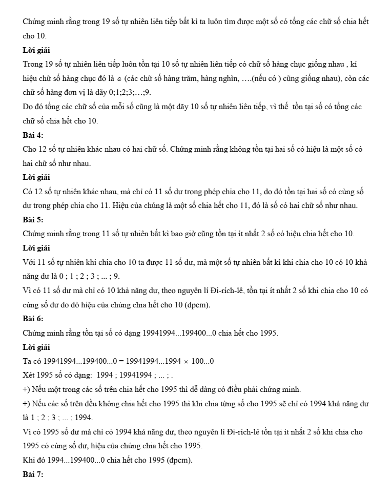 Chuyên đề bồi dưỡng HSG Toán 6 Nguyên lí Dirichlet (có lời giải)