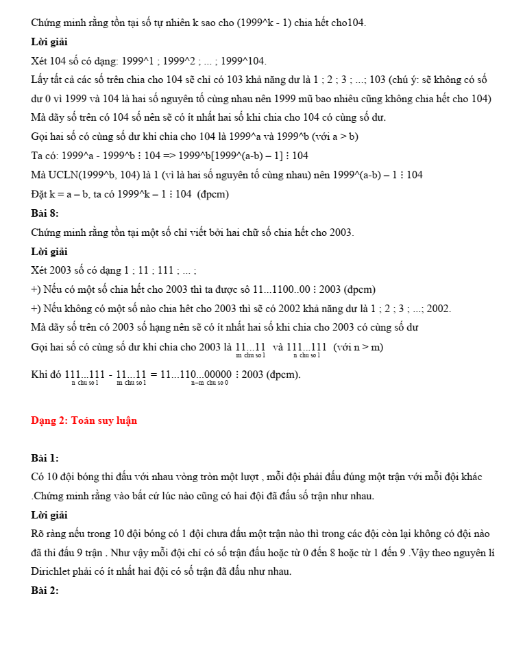 Chuyên đề bồi dưỡng HSG Toán 6 Nguyên lí Dirichlet (có lời giải)