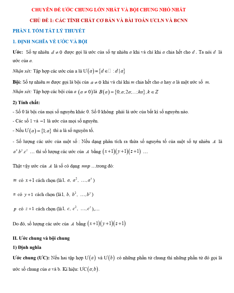 Chuyên đề bồi dưỡng HSG Toán 6 Ước chung lớn nhất và bội chung nhỏ nhất (có lời giải)