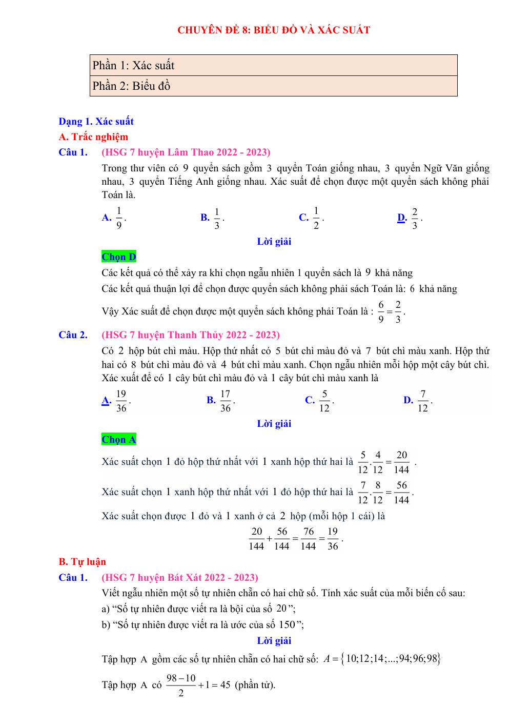 Chuyên đề bồi dưỡng HSG Toán 7 Biểu đồ và xác suất (có lời giải)