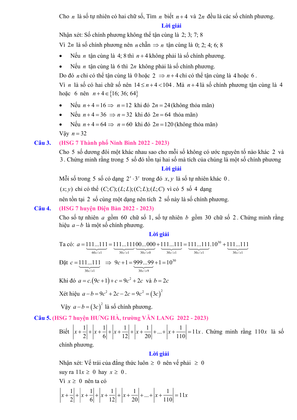 Chuyên đề bồi dưỡng HSG Toán 7 Các bài toán về số chính phương (có lời giải)