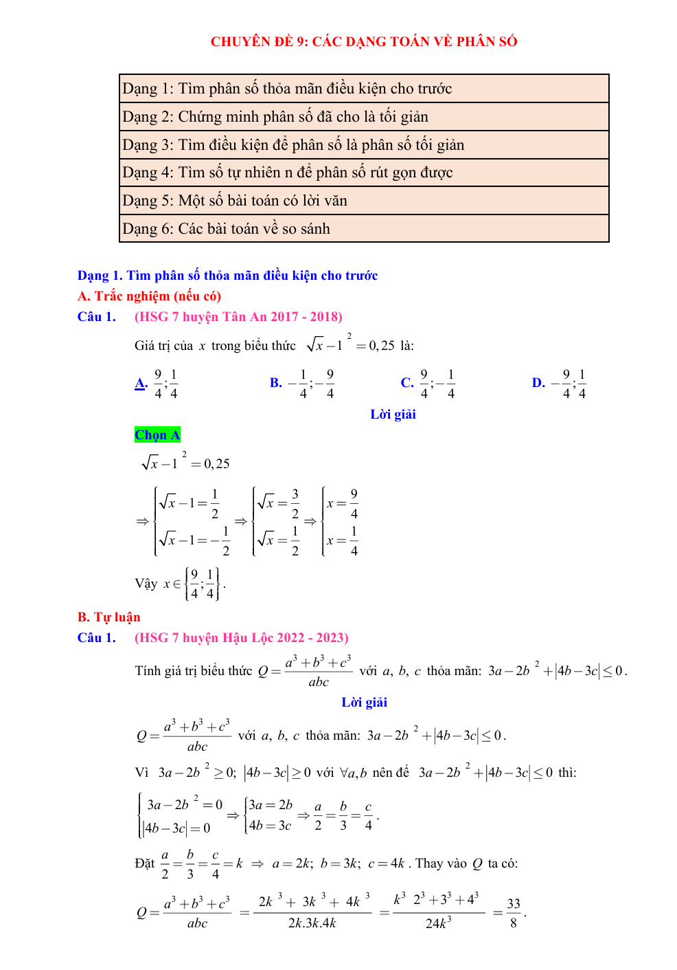 Chuyên đề bồi dưỡng HSG Toán 7 Các dạng toán về phân số (có lời giải)