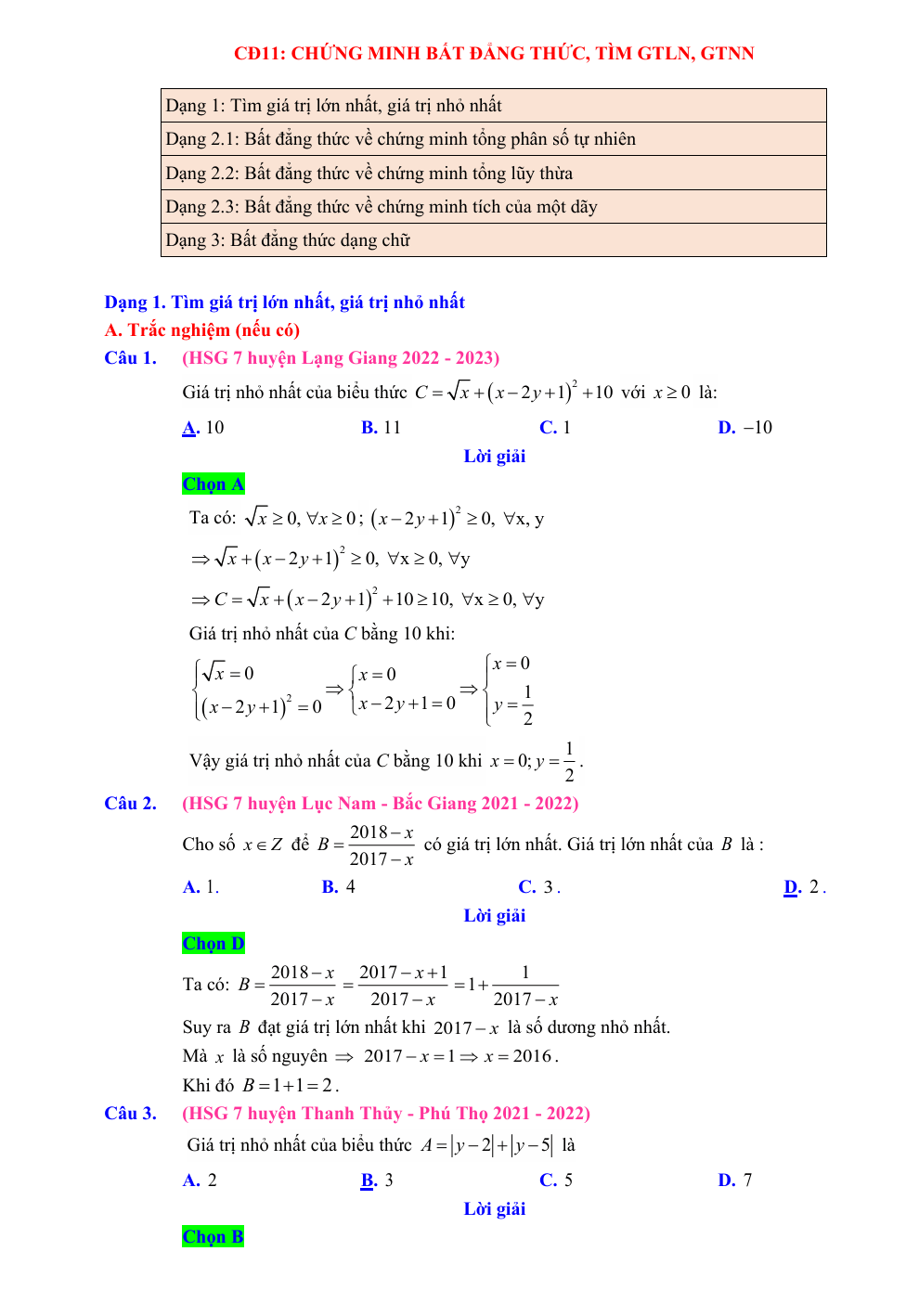 Chuyên đề bồi dưỡng HSG Toán 7 Chứng minh bất đẳng thức, tìm GTLN, GTNN (có lời giải)