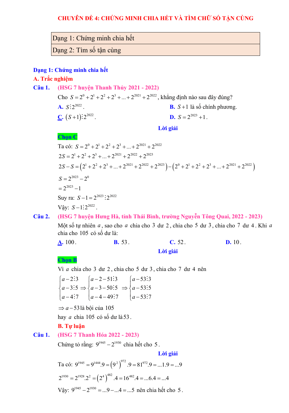 Chuyên đề bồi dưỡng HSG Toán 7 Chứng minh chia hết và tìm chữ số tận cùng (có lời giải)