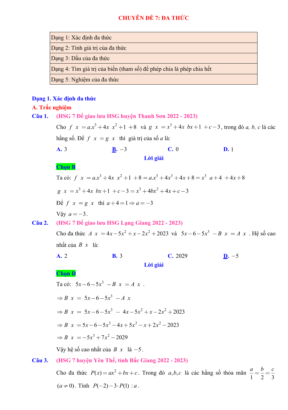 Chuyên đề bồi dưỡng HSG Toán 7 Đa thức (có lời giải)