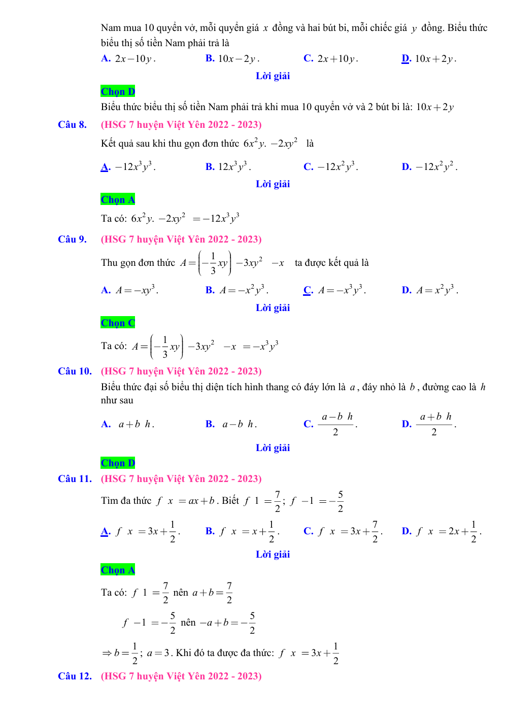 Chuyên đề bồi dưỡng HSG Toán 7 Đa thức (có lời giải)