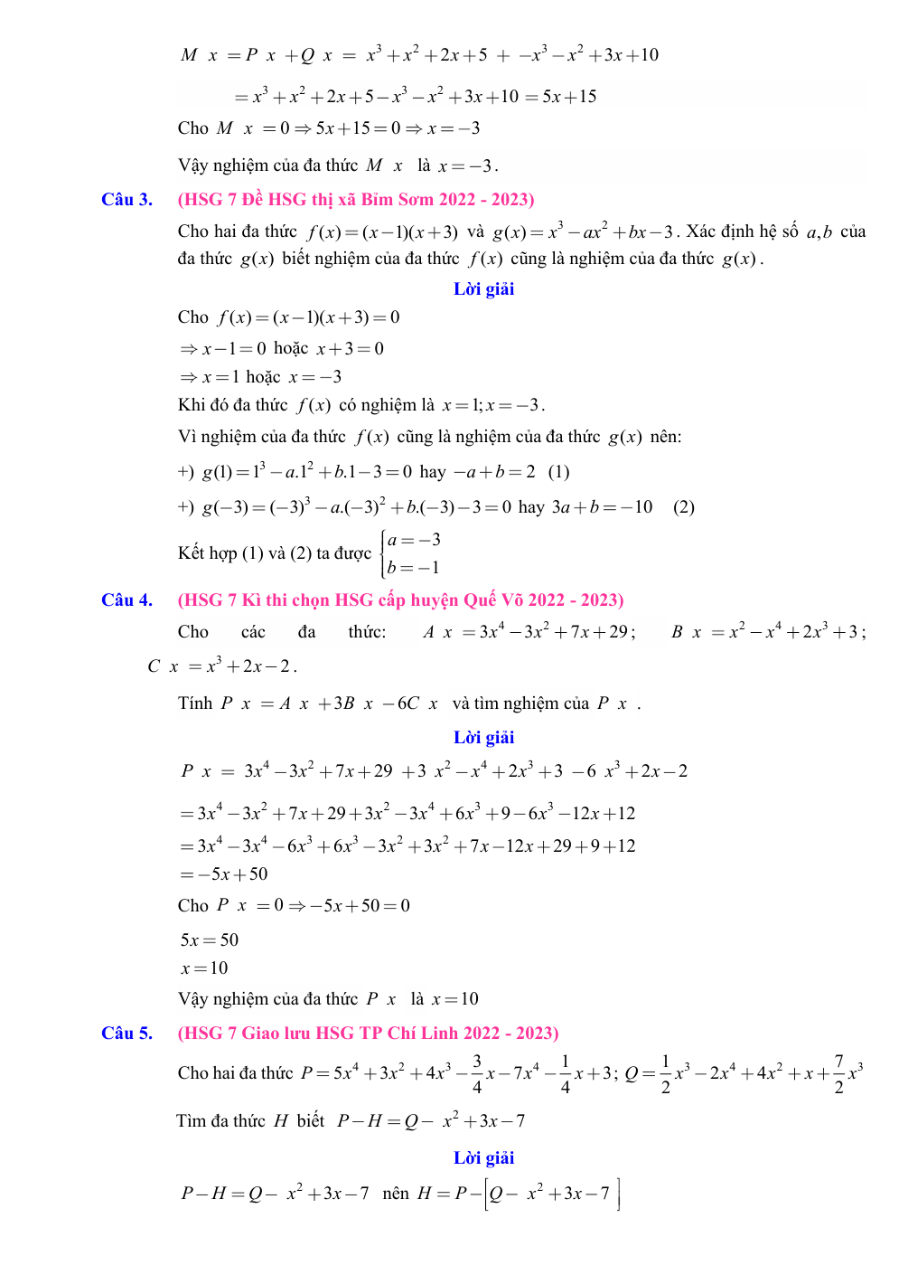 Chuyên đề bồi dưỡng HSG Toán 7 Đa thức (có lời giải)