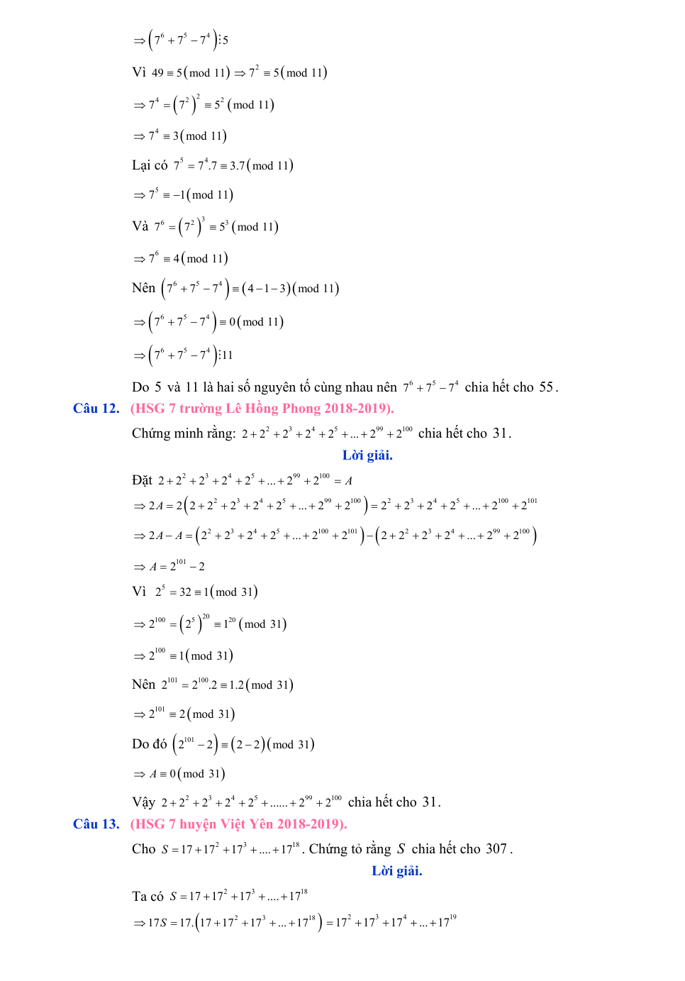 Chuyên đề bồi dưỡng HSG Toán 7 Đồng dư thức (có lời giải)