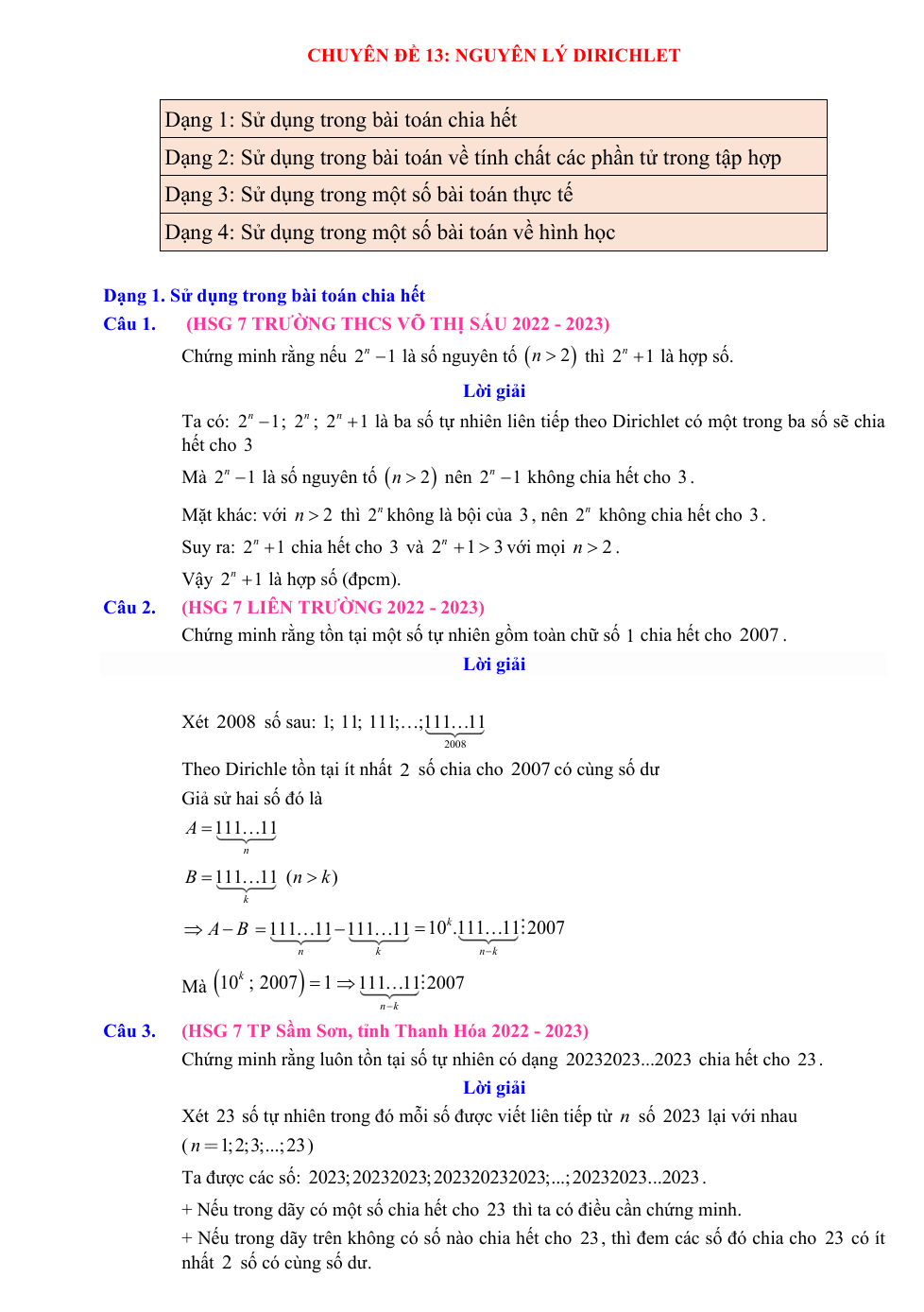 Chuyên đề bồi dưỡng HSG Toán 7 Nguyên lý Dirichlet (có lời giải)