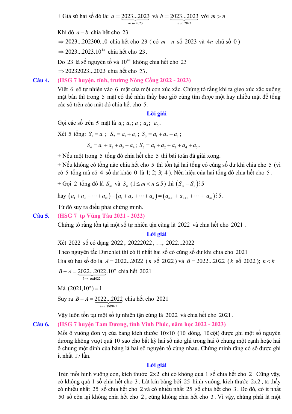 Chuyên đề bồi dưỡng HSG Toán 7 Nguyên lý Dirichlet (có lời giải)