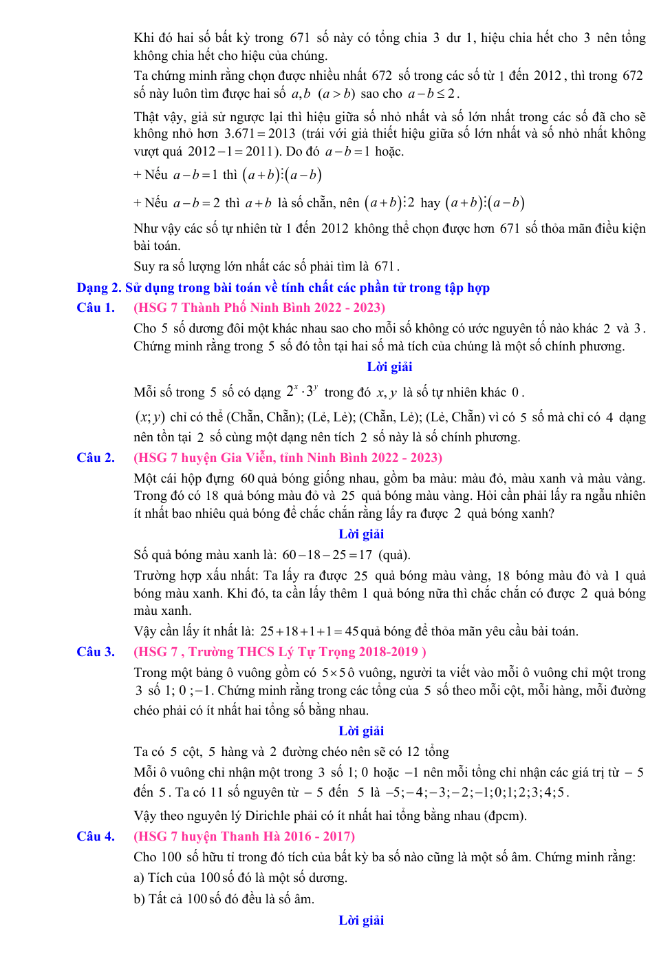 Chuyên đề bồi dưỡng HSG Toán 7 Nguyên lý Dirichlet (có lời giải)