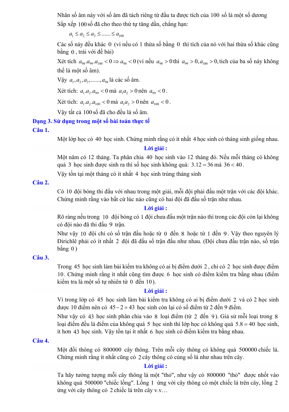 Chuyên đề bồi dưỡng HSG Toán 7 Nguyên lý Dirichlet (có lời giải)