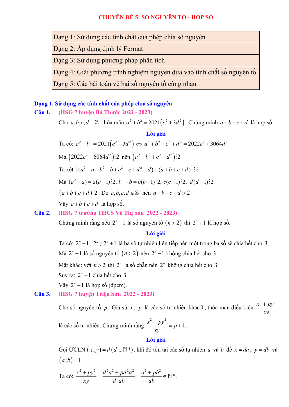 Chuyên đề bồi dưỡng HSG Toán 7 Số nguyên tố và hợp số (có lời giải)