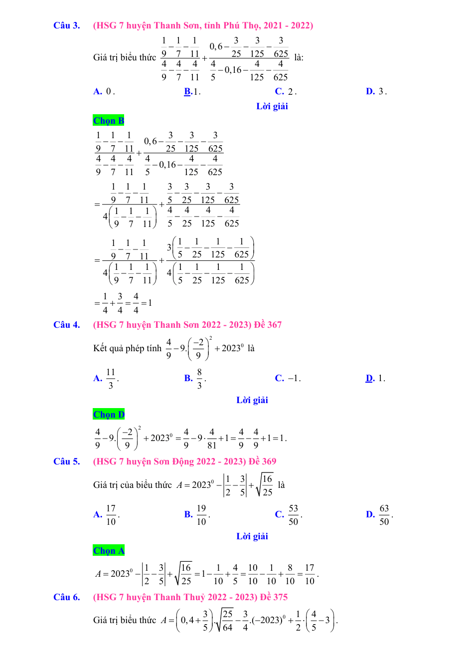 Chuyên đề bồi dưỡng HSG Toán 7 Thực hiện phép tính (có lời giải)