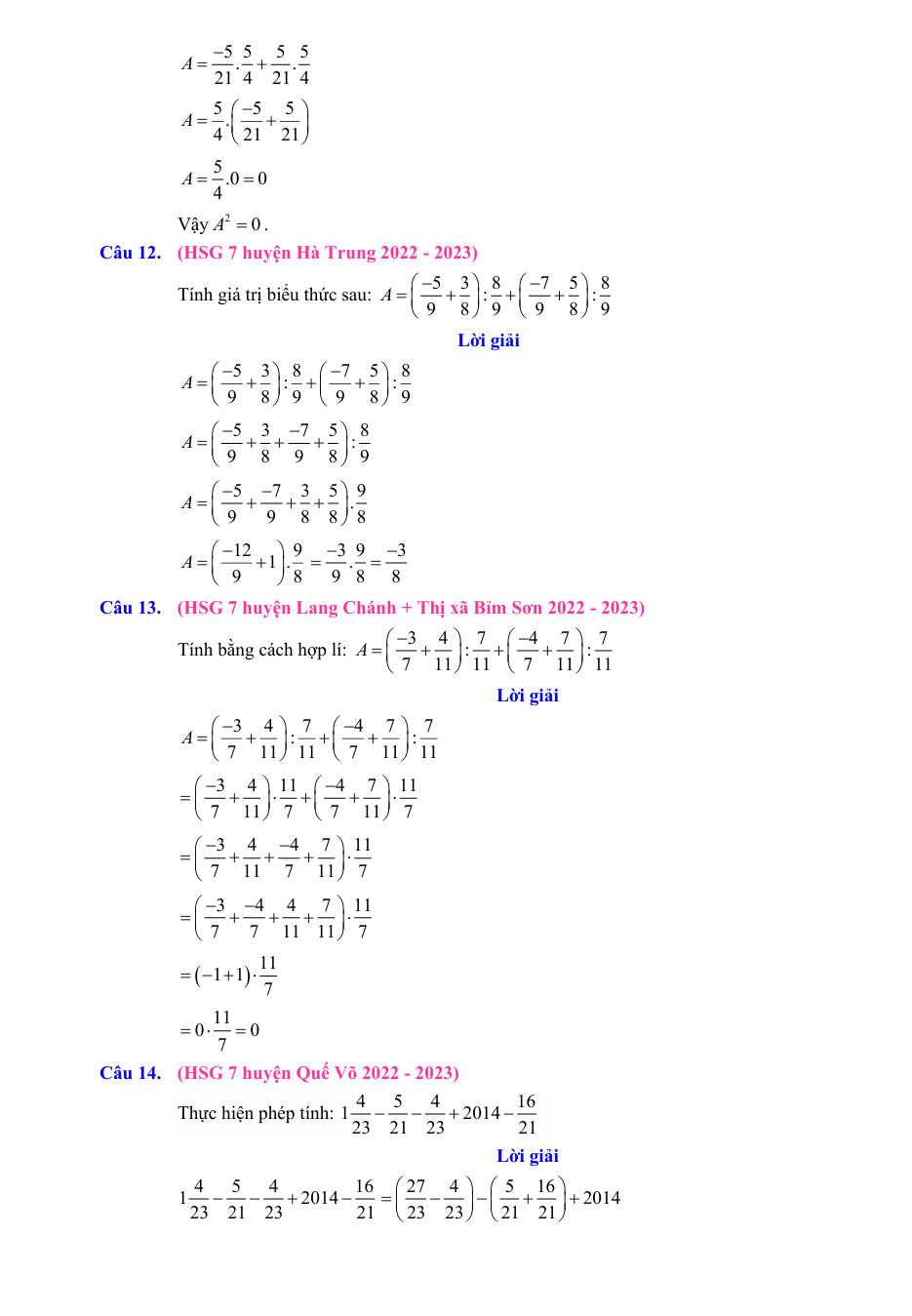 Chuyên đề bồi dưỡng HSG Toán 7 Thực hiện phép tính (có lời giải)
