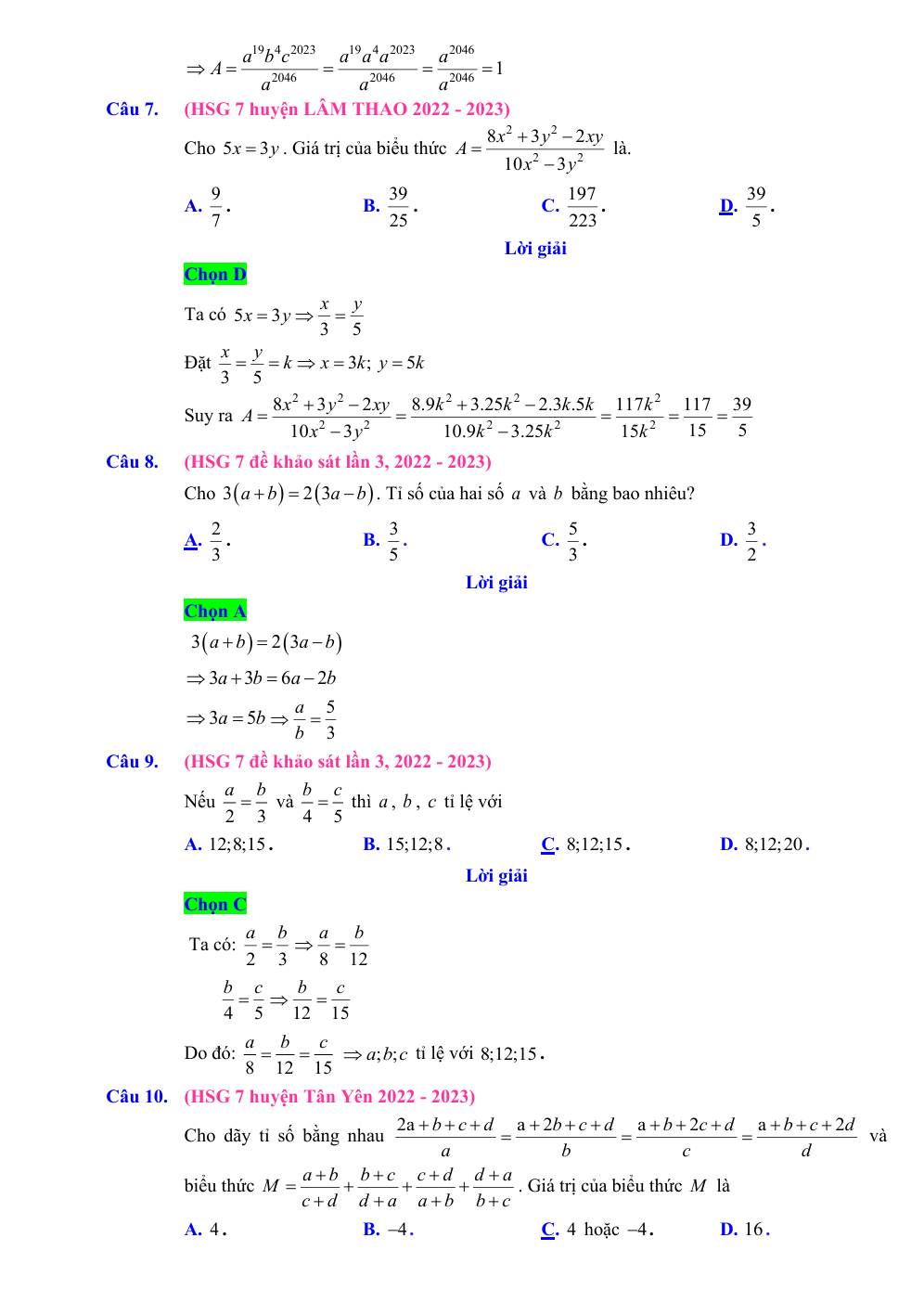 Chuyên đề bồi dưỡng HSG Toán 7 Tỷ lệ thức và dãy tỷ số bằng nhau (có lời giải)