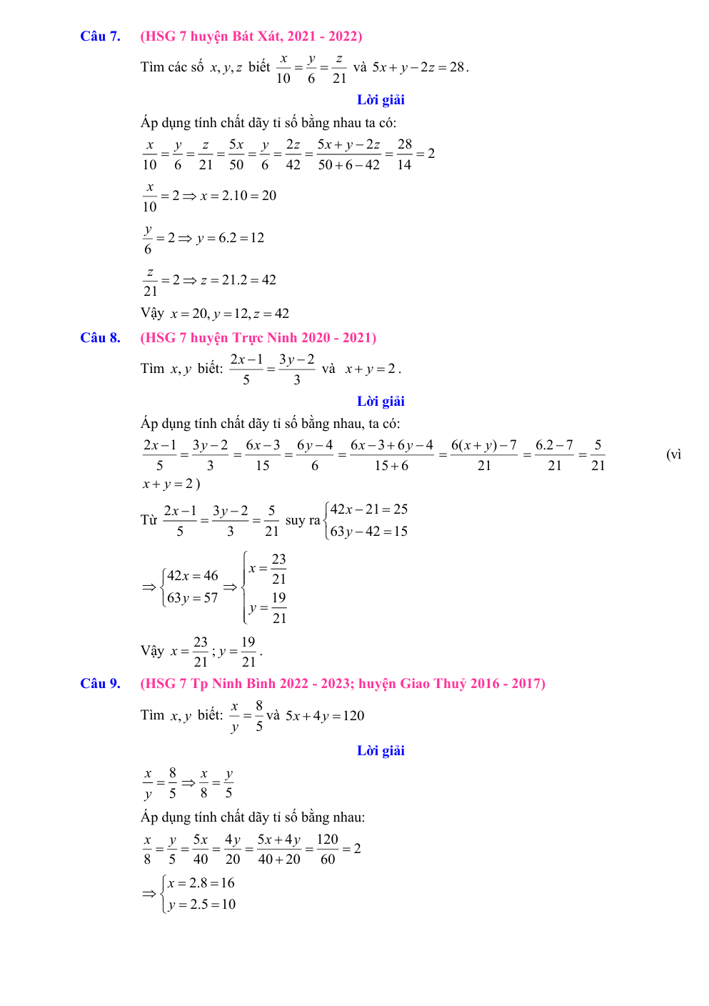 Chuyên đề bồi dưỡng HSG Toán 7 Tỷ lệ thức và dãy tỷ số bằng nhau (có lời giải)