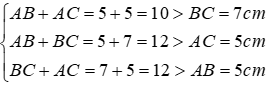 Trắc nghiệm Quan hệ giữa ba cạnh của một tam giác. Bất đẳng thức tam giác
