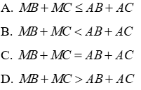 Trắc nghiệm Quan hệ giữa ba cạnh của một tam giác. Bất đẳng thức tam giác