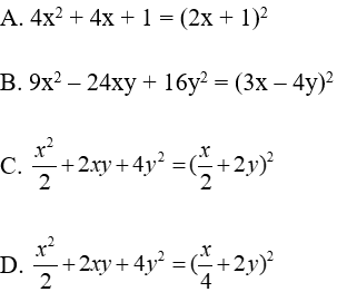 Trắc nghiệm Phân tích đa thức thành nhân tử bằng phương pháp dùng hằng đẳng thức có đáp án