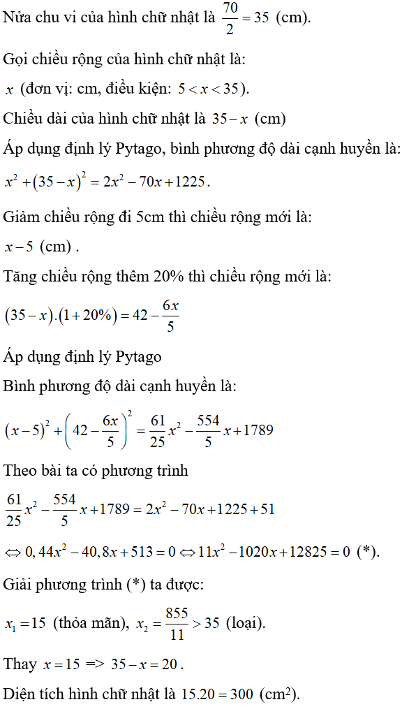 Cách giải bài toán về diện tích hình học bằng cách lập phương trình cực hay, có đáp án