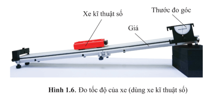 Bạn hãy thiết lập phương án để đo được tốc độ của xe chuyển động trên máng đỡ bằng các dụng cụ sau đây