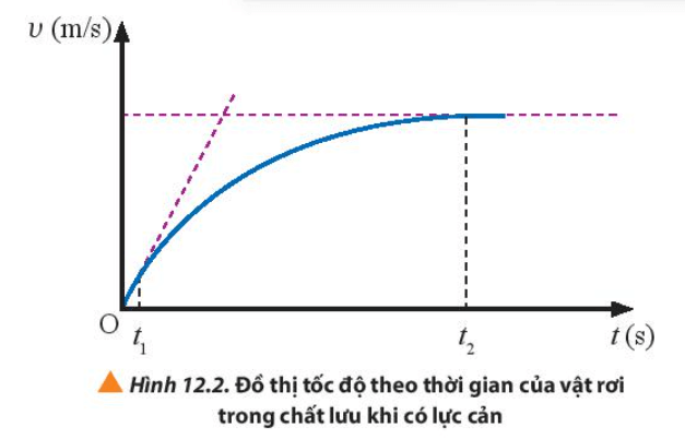 Xét một vật rơi trong không khí có đồ thị tốc độ rơi theo thời gian được biểu diễn