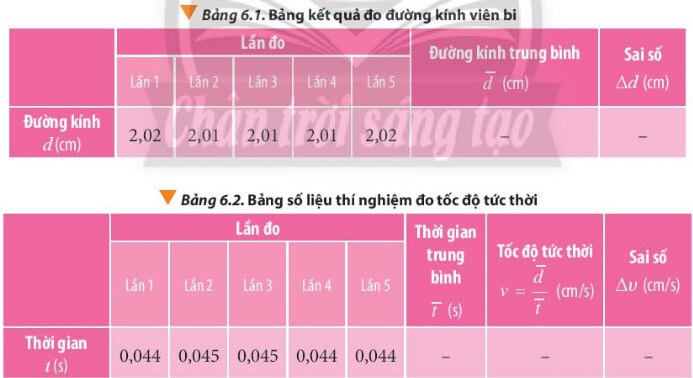 Tính tốc độ tức thời của viên bi, ghi kết quả vào Bảng 6.2.