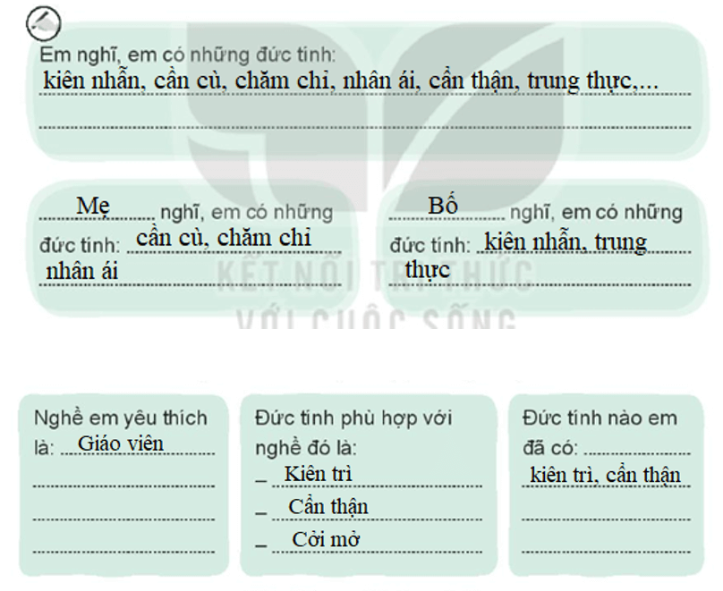 Vở bài tập Hoạt động trải nghiệm lớp 3 Tuần 32 trang 66, 67: Nghề em yêu thích, Đức tính nghề nghiệp | Kết nối tri thức