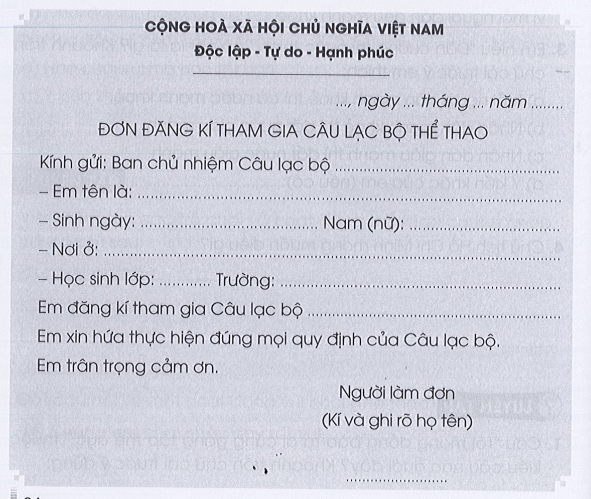 Làm đơn tham gia câu lạc bộ thể thao trang 64 Vở bài tập Tiếng Việt lớp 3 Tập 1 | Cánh diều