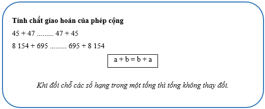 Vở bài tập Toán lớp 4 Chân trời sáng tạo Bài 13: Tính chất giao hoán, tính chất kết hợp của phép cộng