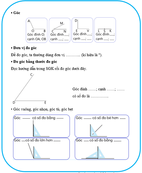 Vở bài tập Toán lớp 4 Chân trời sáng tạo Bài 30: Đo góc - Góc nhọn, góc tù, góc bẹt