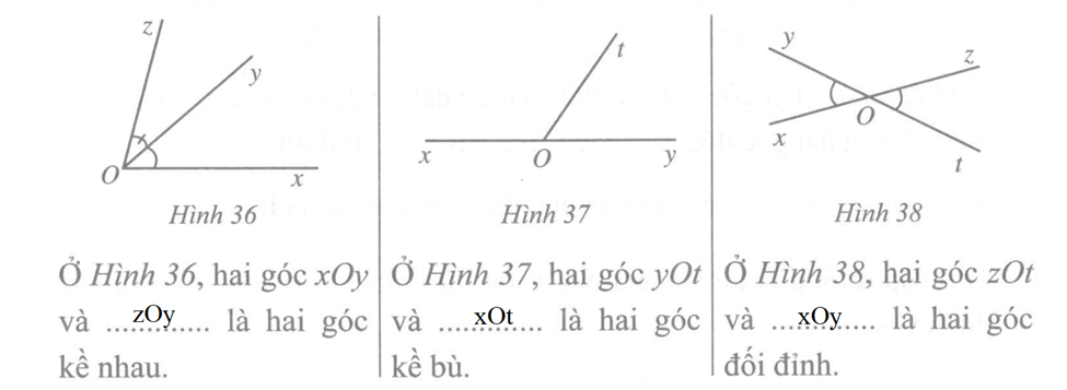 Cho một ví dụ về hai góc kề nhau, hai góc kề bù, hai góc đối đỉnh