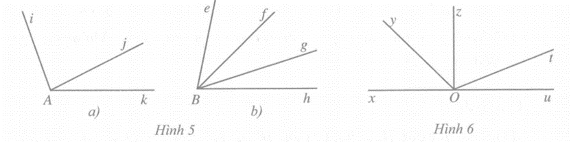 Tìm các cặp góc kề nhau trong mỗi hình 5a, 5b