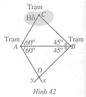 Có ba trạm quan sát A, B, C, trong đó trạm quan sát C ở giữa hồ. Người ta muốn đo khoảng cách từ A