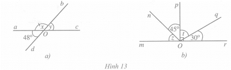 Tìm các số đo x, y, z, t ở mỗi hình 13a, 13b