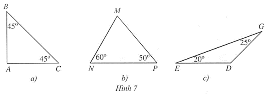 Trong Hình 7, tam giác nào là tam giác nhọn, tam giác vuông, tam giác tù, vì sao