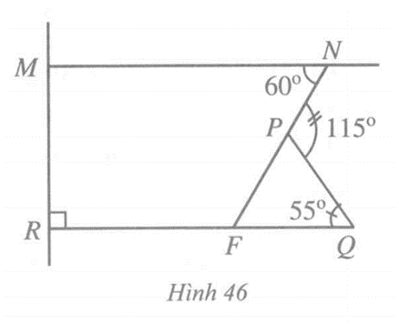 Quan sát Hình 46, hai đường thẳng MN và QR có song song với nhau hay không