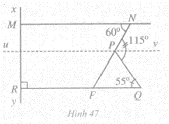 Quan sát Hình 46, hai đường thẳng MN và QR có song song với nhau hay không