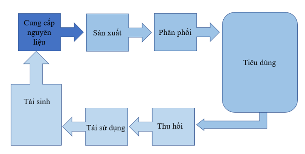 Cho các cụm từ: Cung cấp nguyên liệu, Phân phối, Tái sử dụng, Tiêu dùng, Thu hồi