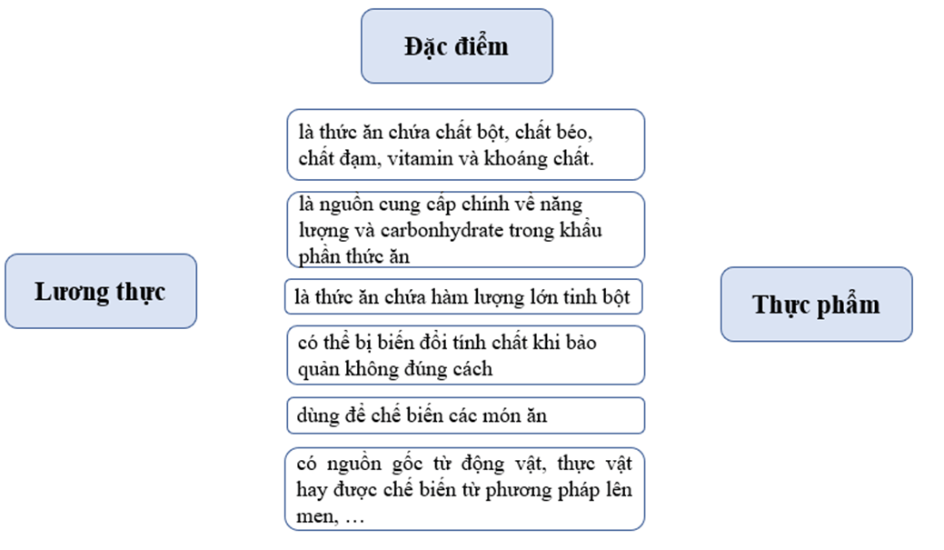 Em hãy nối những đặc điểm sau đây cho phù hợp với từng nhóm lương thực, thực phẩm